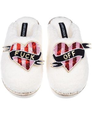 Laines London Neutrals Teddy Closed Toe Slippers With & Stripe Fuck Off Brooches - Red