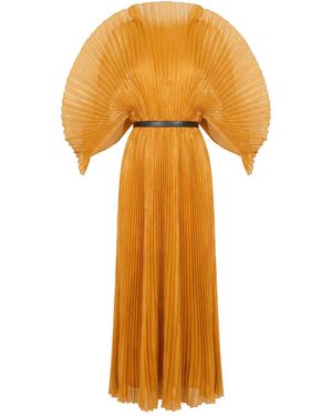 Cy Boutique Pleated Long Dress With Organza Pleated Cape Sleeves - Orange