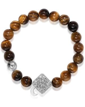 Aurozia Three Charms Lunar Bloom Plated Lotus And The Moon Coin Tiger's Eye Beaded Bracelet For - Brown
