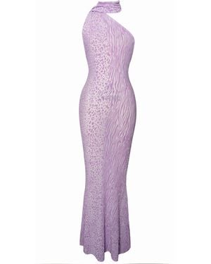 Miss Circle New York Olena Burnout Velvet Animal Print Mesh Halter Neck Maxi Dress - Purple