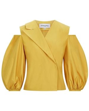 Femponiq Cold Shoulder Puff Sleeve Lapel Top - Yellow