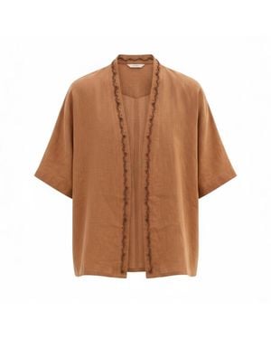 ORIGIN OF HEARTS Neutrals Dune Hand-Embroidered Resort Kimono Shirt - Brown