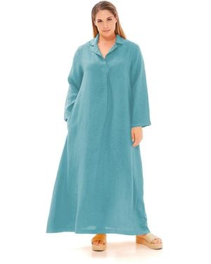 Haris Cotton Maxi Curve Linen Dress With Front Pleat And Lapels Crystal - Blue