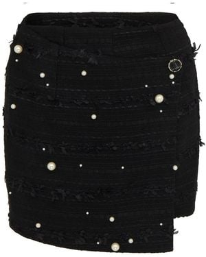 Sour Figs Faux Pearl-Embellished Asymmetric Wrap Skort - Black