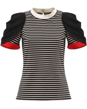 Julia Allert Striped Knit Blouse With Mesh Puff Sleeves - Black