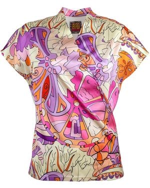 Lalipop Design Draped Satin Double Breasted Abstract Print Blouse With Knitted Back - Pink