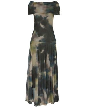 Juan Avellaneda X Seeiou Printed Midi Dress With Off-Shoulder Naima - Green