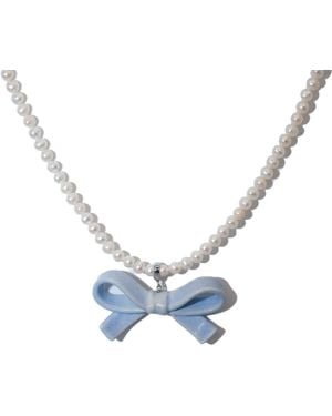 H2 Studio Bowtie Maniac Medium Ribbon Bowtie Round Freshwater Pearl Necklaces Rock - Blue
