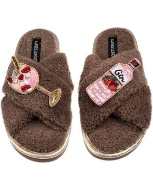 Laines London Neutrals Laines Neutral Boucle Slippers With Gin & Glass Brooches - Brown
