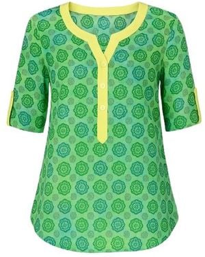 Conquista Print Poplin Top With Trim - Green