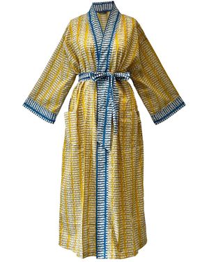 Lime Tree Design Ochre And Fish Cotton Full Length Resort Kimono Robe - Blue
