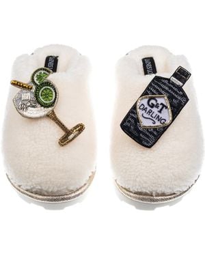Laines London Teddy Closed Toe Slippers With Botanical Gin & Glass Brooches - White