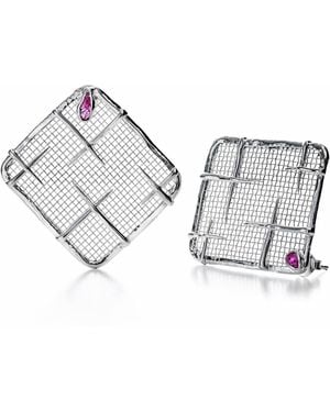 German Kabirski Takhi Lightweight Sterling & Titanium Mesh Earrings With Natural Ruby - Metallic