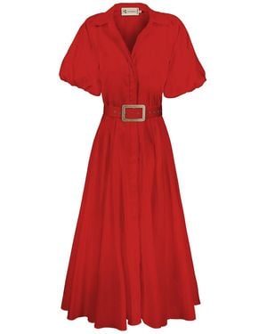 ALINA CERNĂTESCU Oman Midi Office Cotton Day With Shirt Puff Sleeves Dress - Red