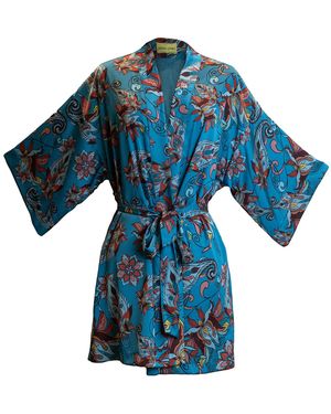 Janara Jones Floral Paisley Print Satin Long Sleeve Short Robe - Blue