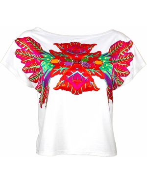 Lalipop Design White Blouse With Laser-cut Red Leaves Print On The Chest