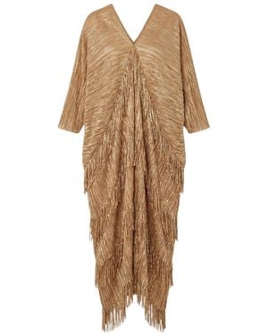 Cy Boutique Pleated Midi Dress With Layered Tassels And Fringe Detail - Brown