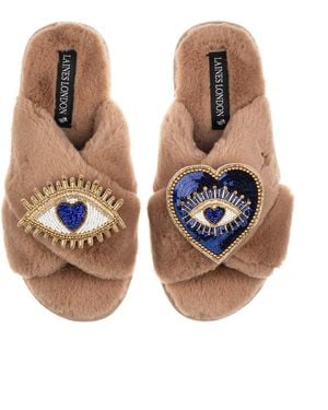 Laines London Classic Laines Slippers With Double Heart & Love Eye Brooches - Brown