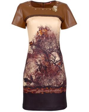 Lalipop Design Neutrals All-Over Graphic Print Short Sleeve Dress Paneled With Vegan Leather - Red