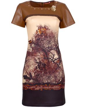 Lalipop Design Neutrals All-Over Graphic Print Short Sleeve Dress Panelled With Vegan Leather - Red