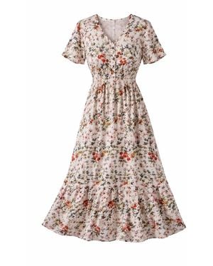 Yumi' Neutrals Ivory Botanical Print Viscose Midi Dress - Natural