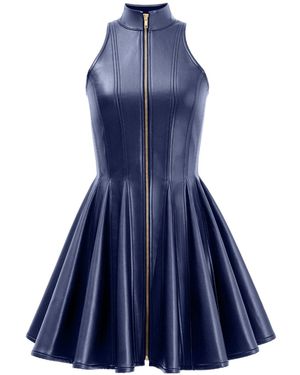 Kargede Faux Leather Mini Dress – High-Neck Zip-Front Fit-And-Flare - Blue