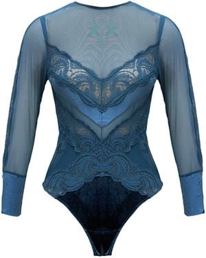 Carol Coelho Hydros Lace, Velvet & Tulle Long Sleeve Bodysuit - Blue