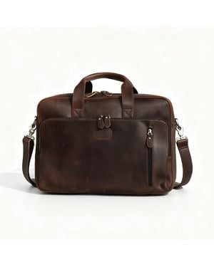 Touri Genuine Leather Briefcase With Front Leather Patch - Brown