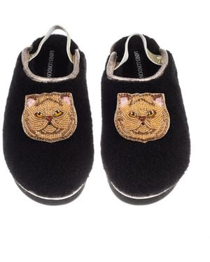 Laines London Flatform Cloud Slippers With Double Ginger Persian Cat Brooches - Black