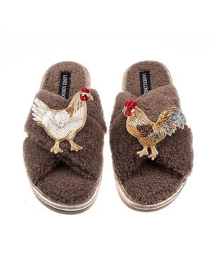 Laines London Neutrals Laines Neutral Boucle Slippers With Chicken & Cockrel Brooches - Brown