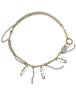 Kirei Voltage – Stainless Steel Interlocking Chain Necklace With Safety Pin, Nut & Shell Pearl - Metallic