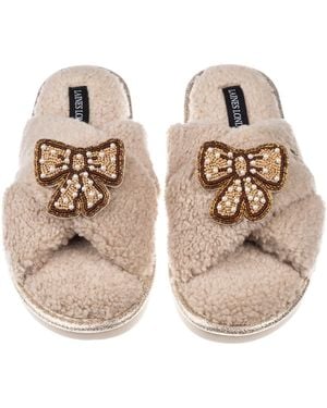 Laines London Neutrals Neutral Boucle Slippers With & Pearl Beaded Pretty Bow Brooches - Natural