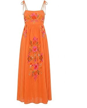 Raffya Furla Smocked Panel Embroidered Midi Dress - Orange