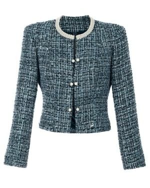 Luna Fashion House Tweed Blazer With Pearl Trim, Rhea - Blue