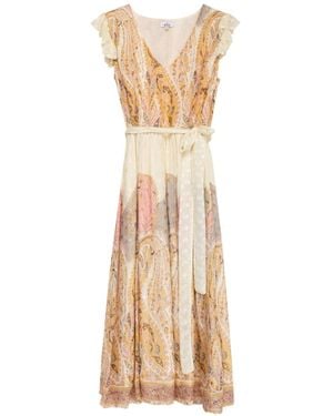 Niza Flowy Midi Dress With Front Embroidery - Metallic