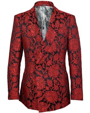 DAVID WEJ Floral Double Breasted Shawl Lapel Jacquard Blazer – - Red