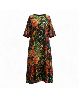 Janara Jones Floral Garden Boat Neck Satin Twill Kaftan - Black