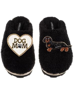 Laines London Teddy Closed Toe Slippers With Dog Mum/Mom & & Tan Dachshund Brooches - Black