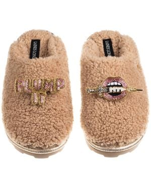 Laines London Neutrals Teddy Closed Toe Slippers With Plump It Pout Brooches - Natural