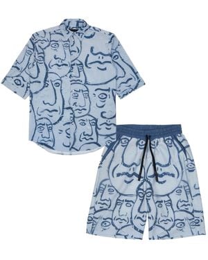 mysimplicated Short Sleeve Shirt And Bermuda Set With Faces Design - Blue