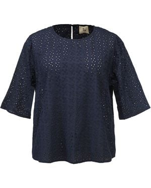 Smart and Joy Eyelet Cotton Lace Loose Blouse - Blue