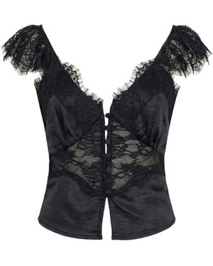 Modenaire Lace Trim Satin Corset Top With Flutter Sleeves - Black
