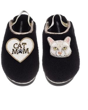 Laines London Flatform Cloud Slippers With Lily Cat & Cat Mum/Mom Brooches - Black