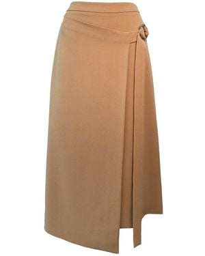 Solgo Atelier Gina Asymmetrical Faux Wrap A-Line Midi Skirt With Attached Tie And Metal Ring Detail - Brown