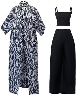Spring Stitches Tayo Cotton Kimono, Smocked Crepe Crop Top & Palazzo Trousers Set - Blue
