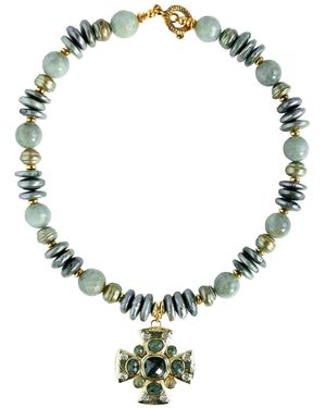Edgar Navarro Jewelry Neutrals Navarro Mother Of Pearl & Labradorite Necklace Featuring Labradorite Cross Pendant - Metallic