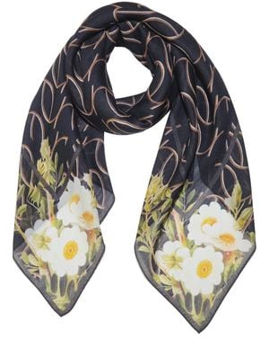 Ana Maison Sophisticated Linework Bloom Silk Wool Scarf - Blue