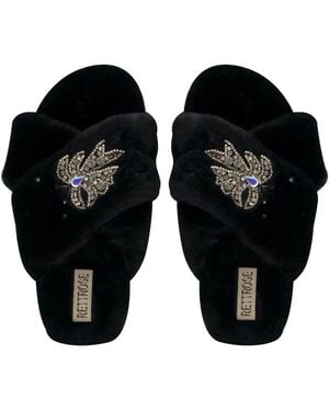 Rettrose Katherine Luxury Plush Diamanté Embellished Handmade Slipper - Black