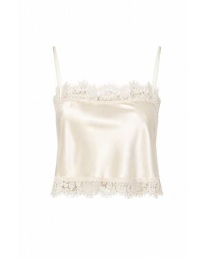 Lily Rou Cream Lace Trim Cropped Silk Top - Natural