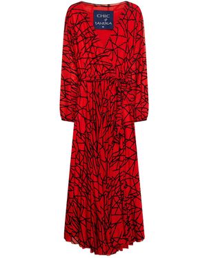 Tantra Spain Sl Tulle Dress With Geometric Detail Made Of Velvet, Cross Neckline And Belt - Red